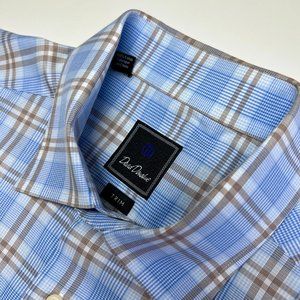 David Donahue Trim Fit Dress Shirt in Blue/Brown Plaid Size 17 • 36/37